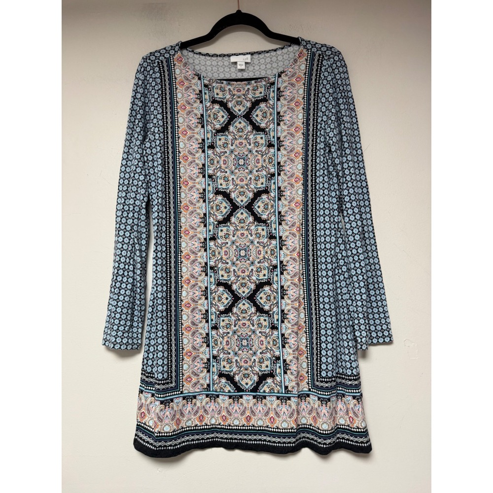 J Jill Dress Size S Shift Bohemian Paisley Print Long Sleeve Rayon Spandex